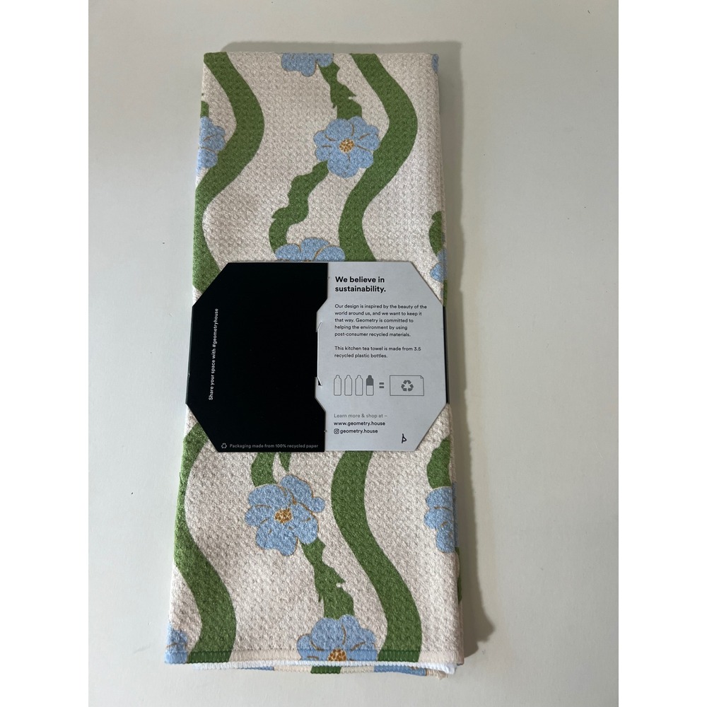 Geometry Kitchen Tea Towels Wavy Flowers Green Blue Cream NWT